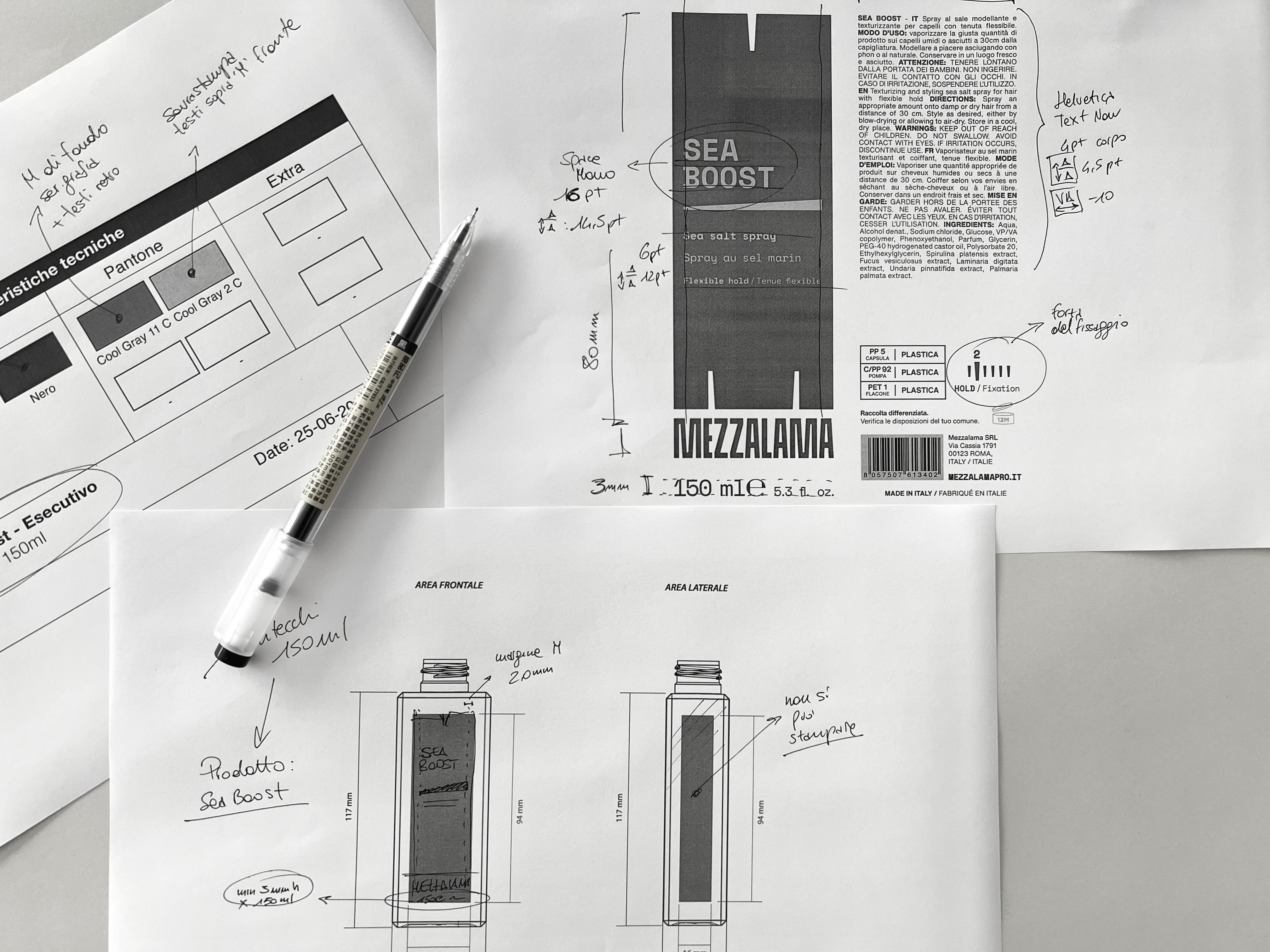 Mezzalama packaging production artwork with Pantone references and technical notes