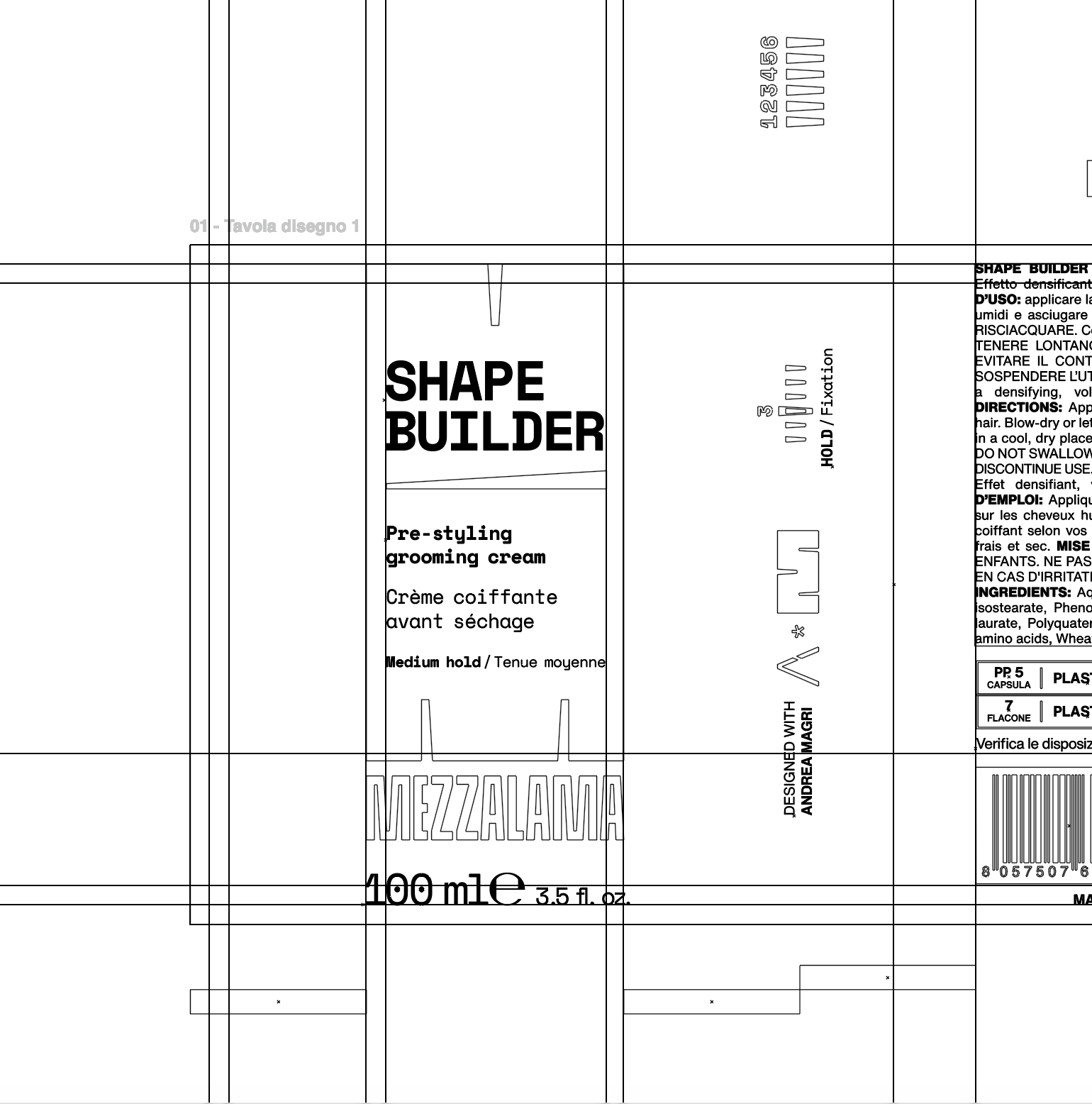 Mezzalama Shape Builder packaging die-line and production artwork