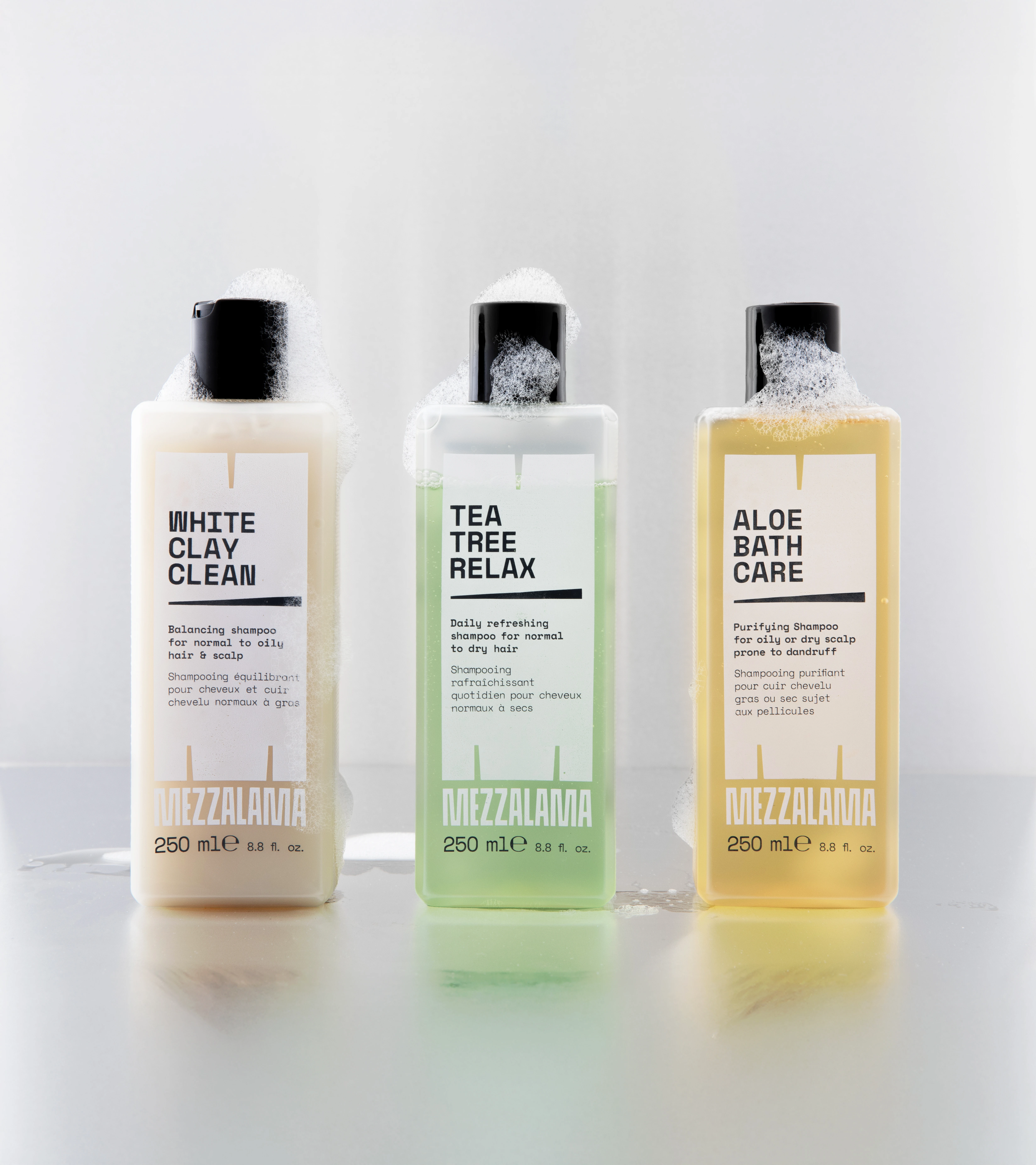 Mezzalama Care shampoo line with the M mark as label structure