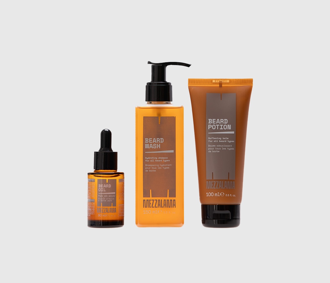 Mezzalama beard care line — oil, wash and potion bottles