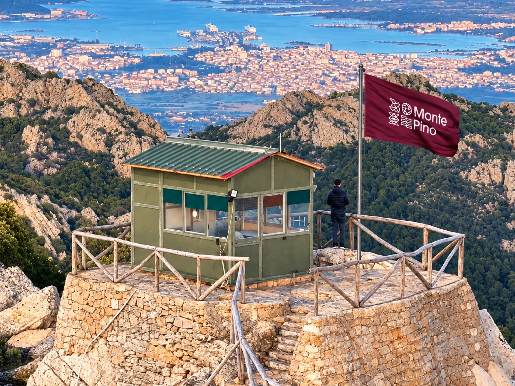 Monte Pino flag flying at the sea lookout on the mountain