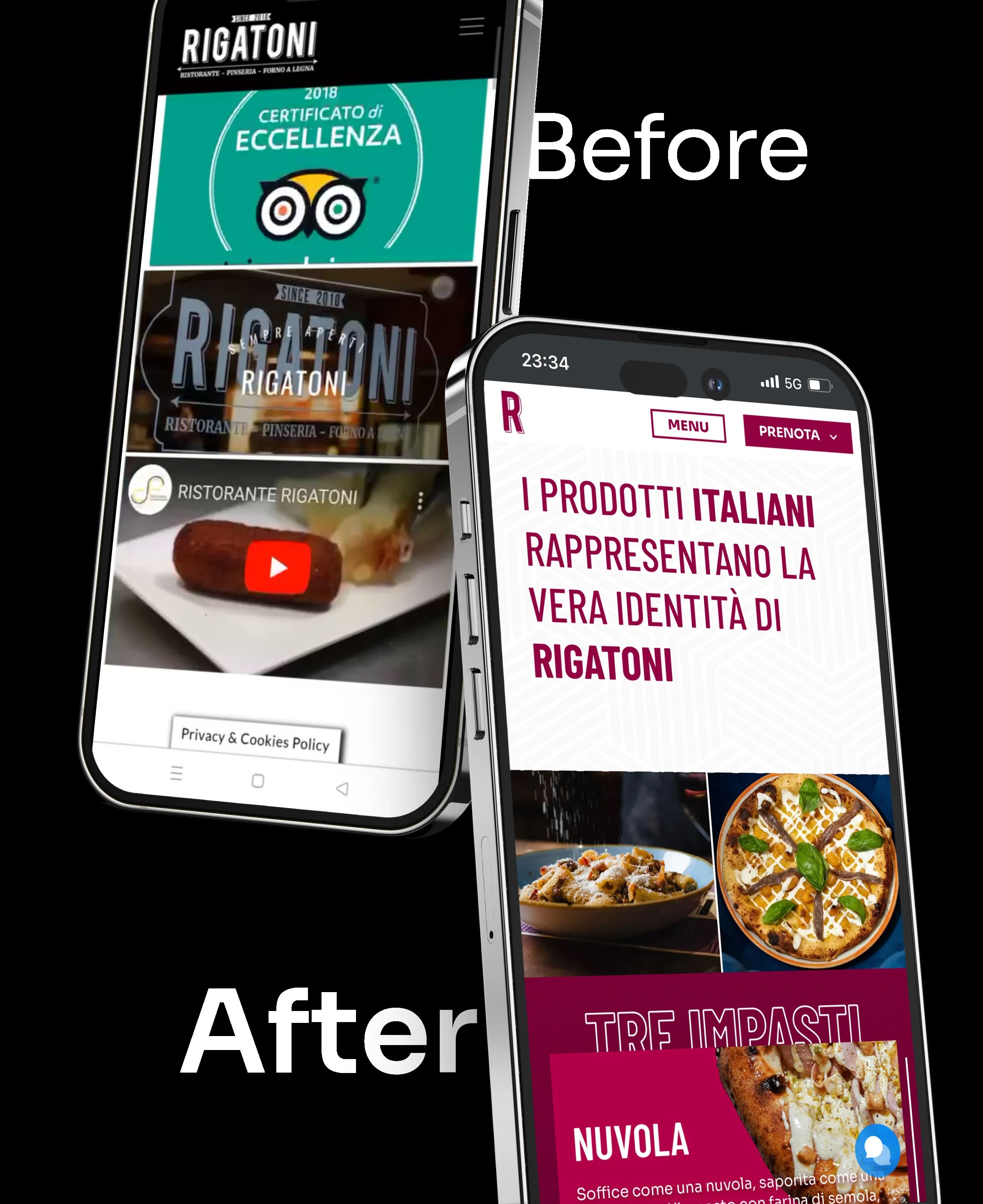 Before and after comparison of the Ristorante Rigatoni website on mobile